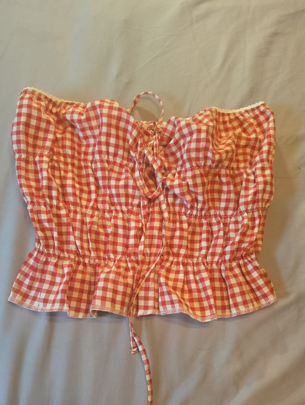 Gingham Red & White Smocked Strapless Crop Top